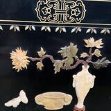Antique Chinese bedroom screen, inlay of soapstone, jade, ivory, mother-of-pearl
