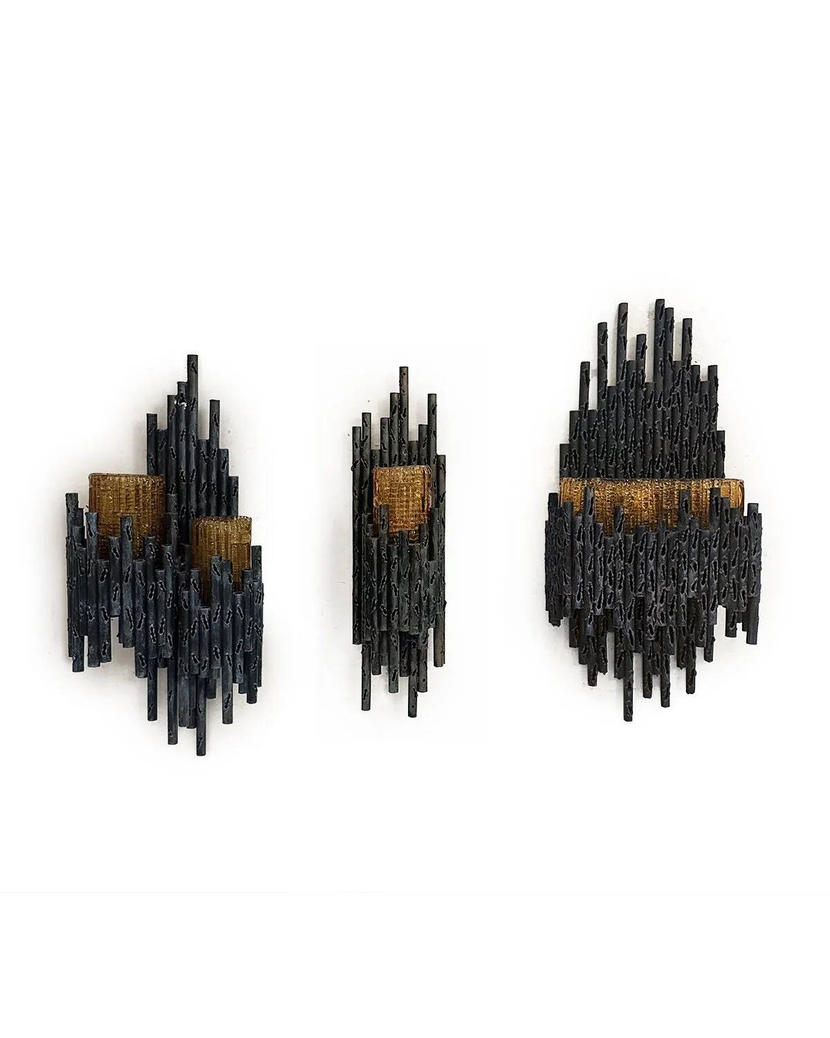 3 appliques murales brutalistes en acier et verre