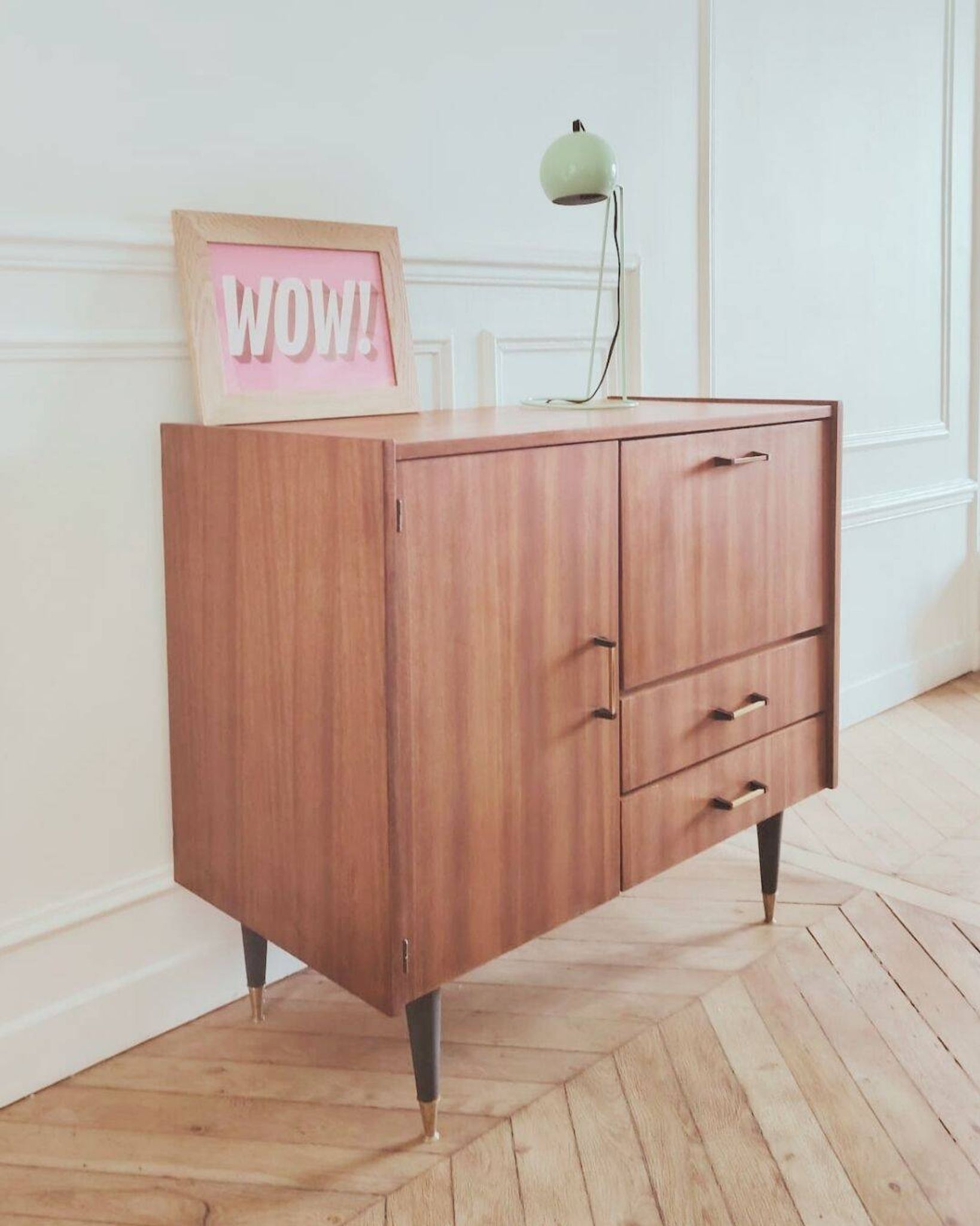 Small renovated vintage sideboard, 1950s-60s in dark wood veneer.