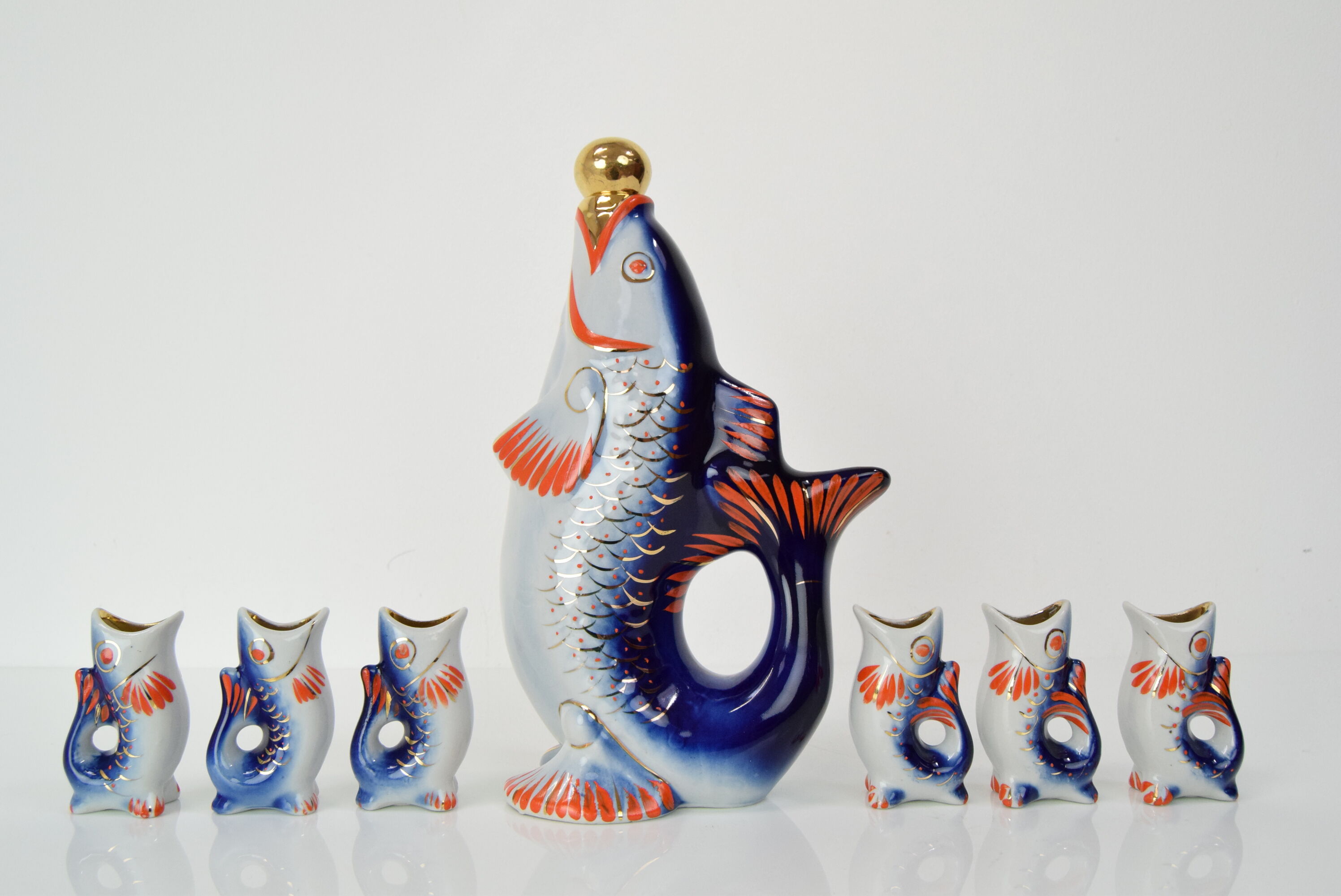 Fish decanter soviet drinking set porcelain fish carafe shots glass,1950's.