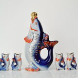 Fish decanter soviet drinking set porcelain fish carafe shots glass,1950's.