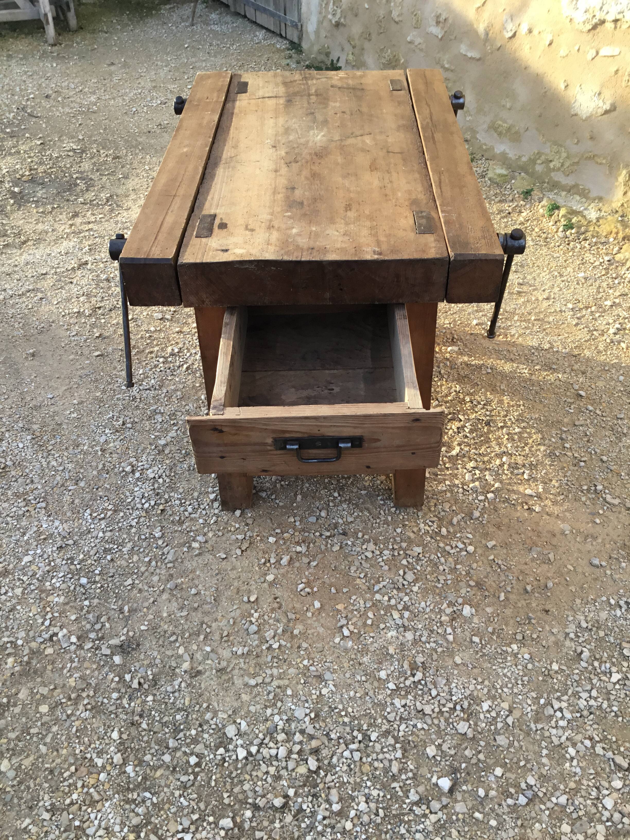 Mid-20th century beech workbench with two drawers
