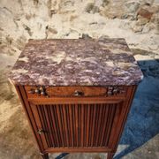 French antique bedside table in walnut with a marble top and porcelain interior, early 20th century.