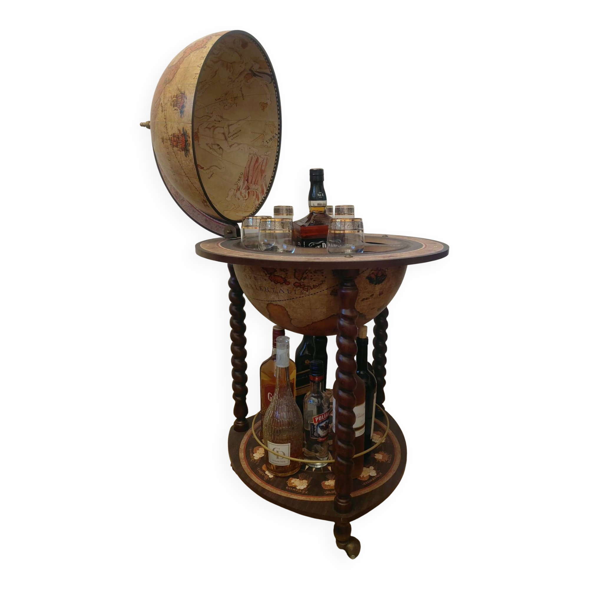 Vintage globe bar with storage for bottles and glasses.