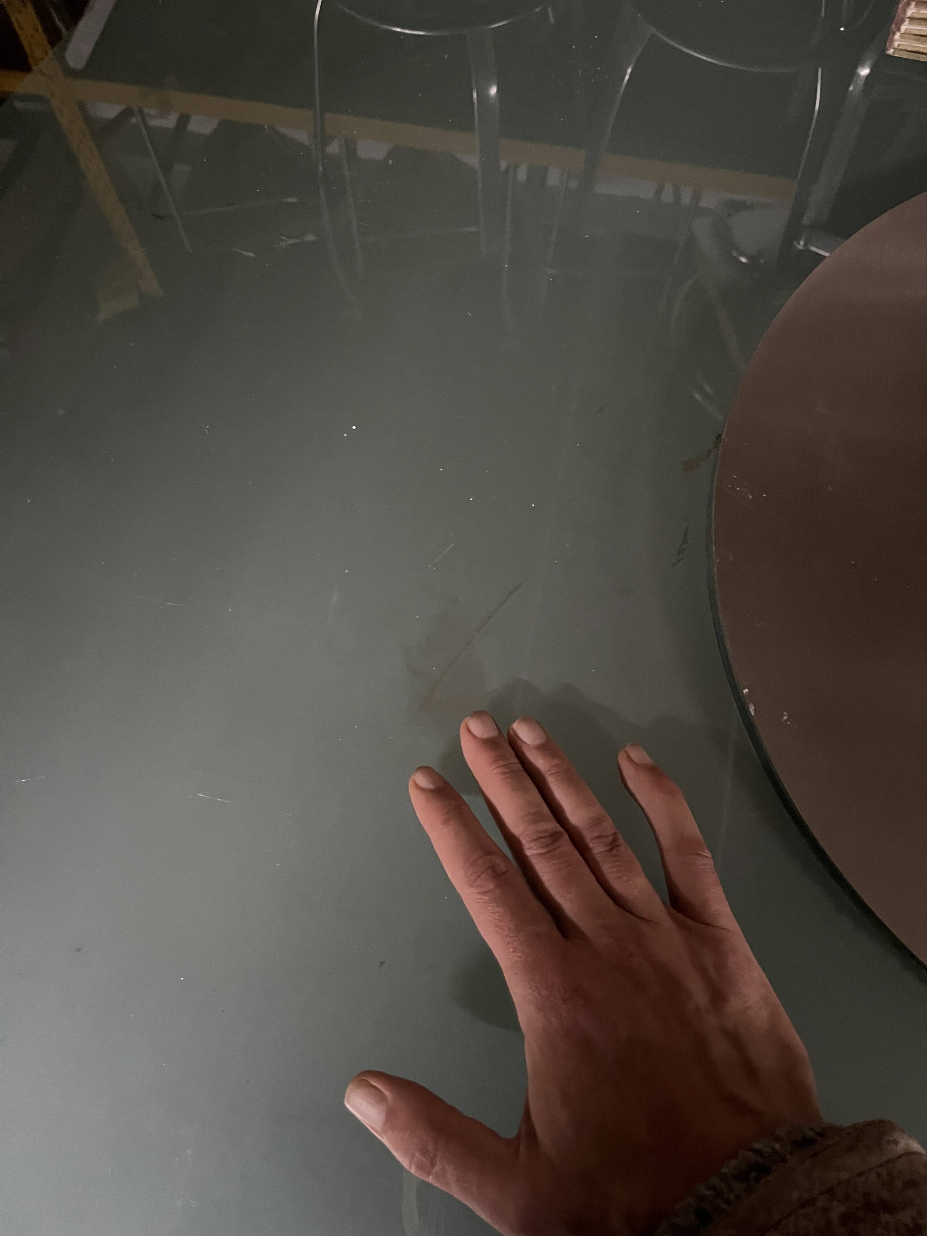 Translucent Frosted Glass Round Dining Table with Brushed Stainless Steel Pedestal — Industrial 1990s