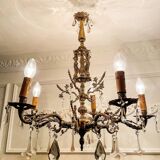 Lustre ancien en bronze à 5 bras avec verre de Murano rose et cristal