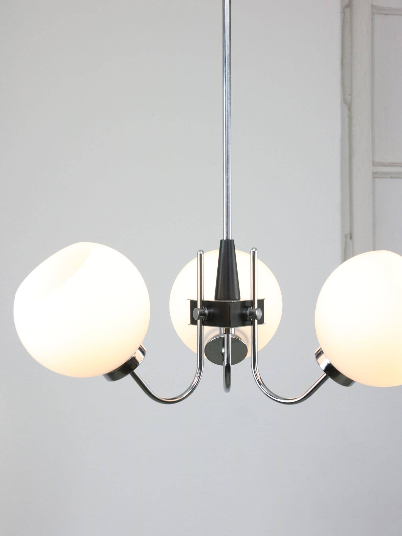 Vintage italian chrome and opaline chandelier, 70s