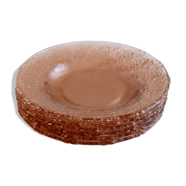 6 assiettes à dessert vintage en verre rose moulé