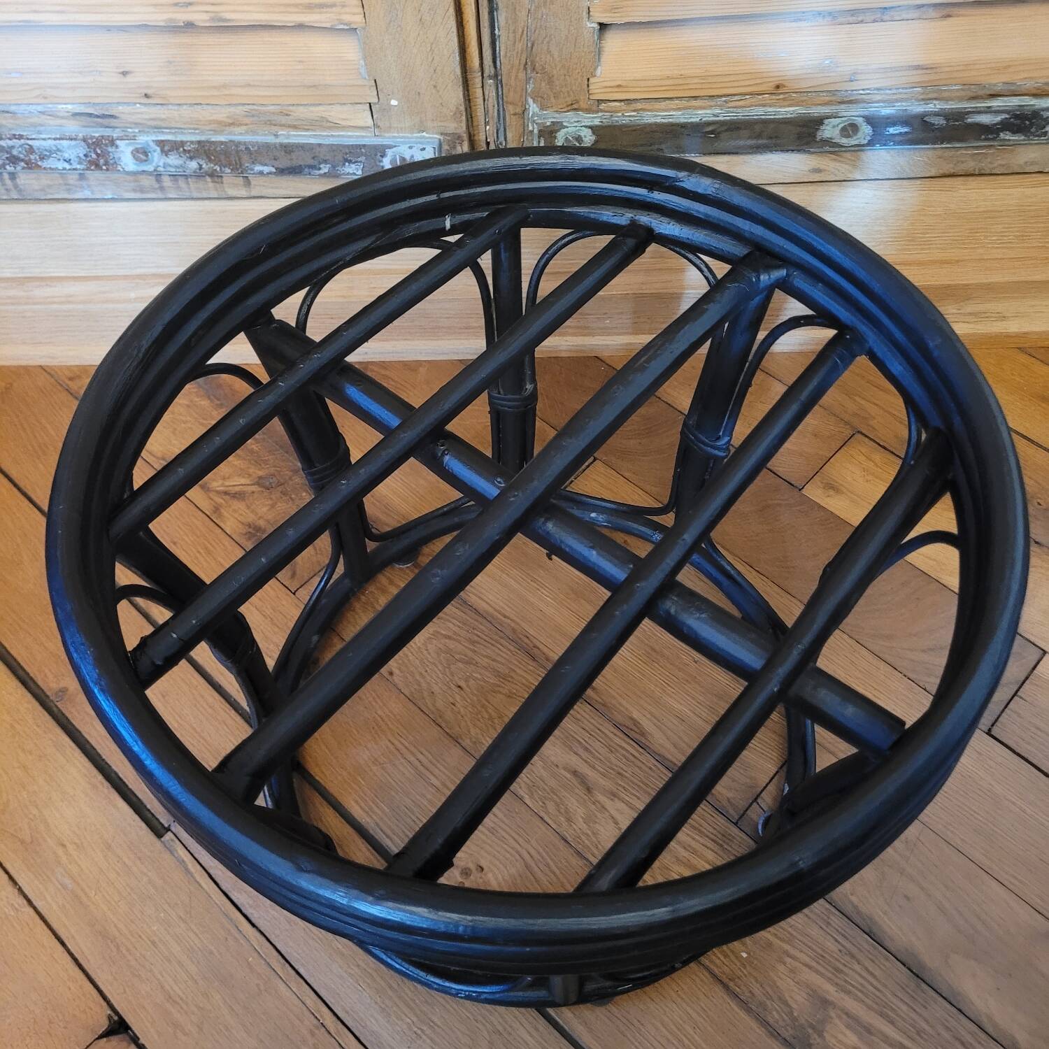 Black bamboo pouf with striped velvet seat pad – vintage 1970s