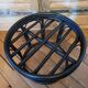 Black bamboo pouf with striped velvet seat pad – vintage 1970s