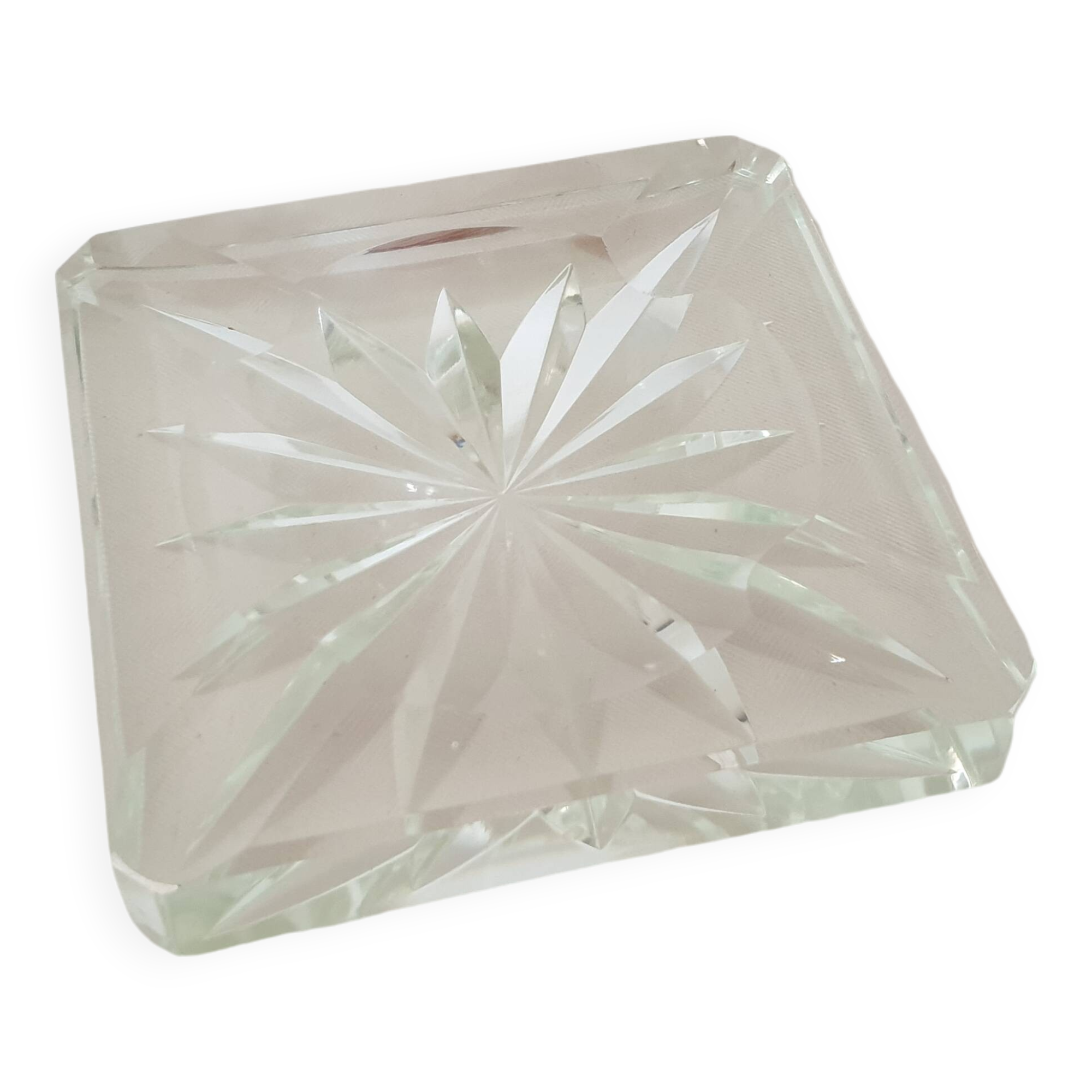 Cendrier carré plat motifs géométriques design en verre de cristal - Vintage