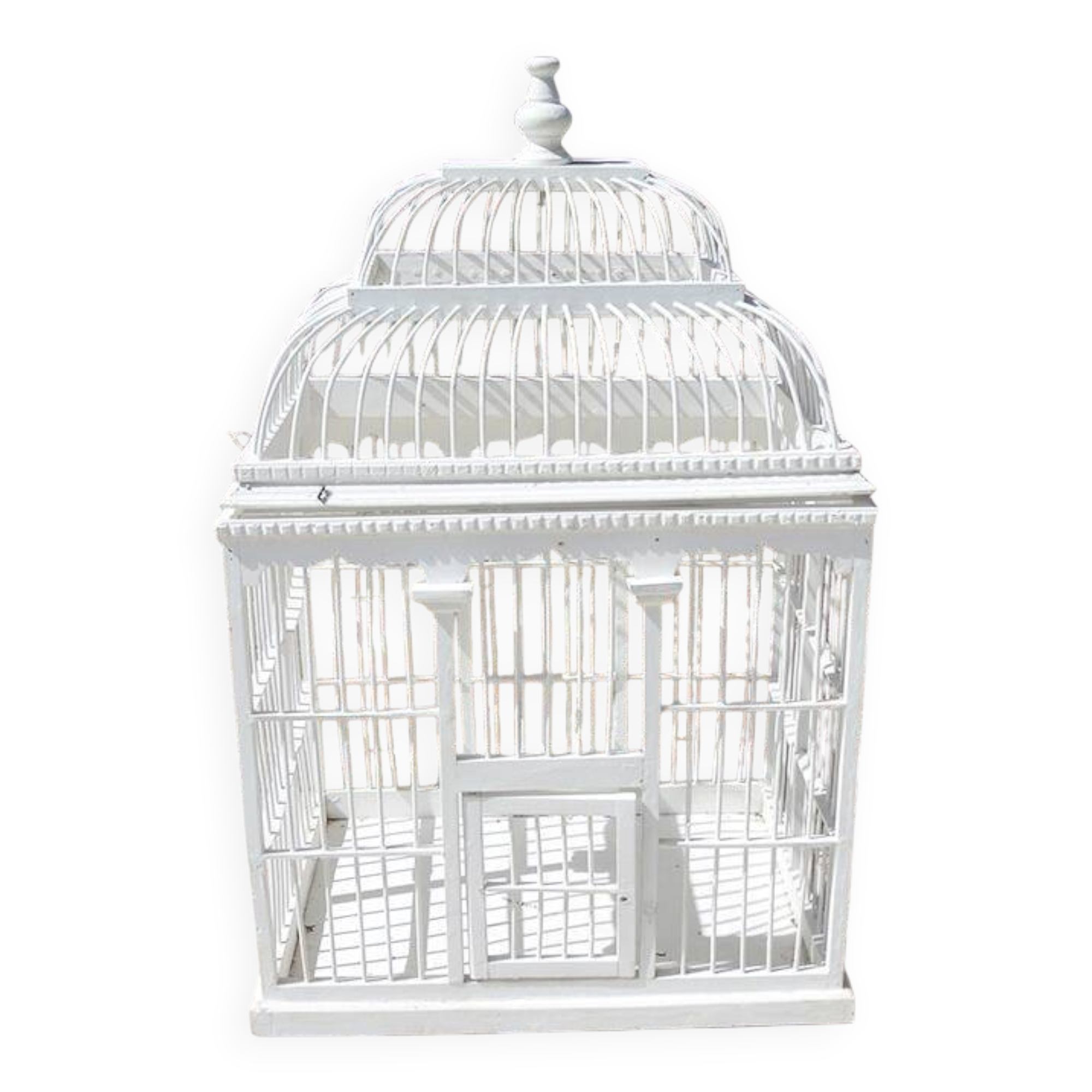 Ancienne cage à oiseau décorative en bois blanc
