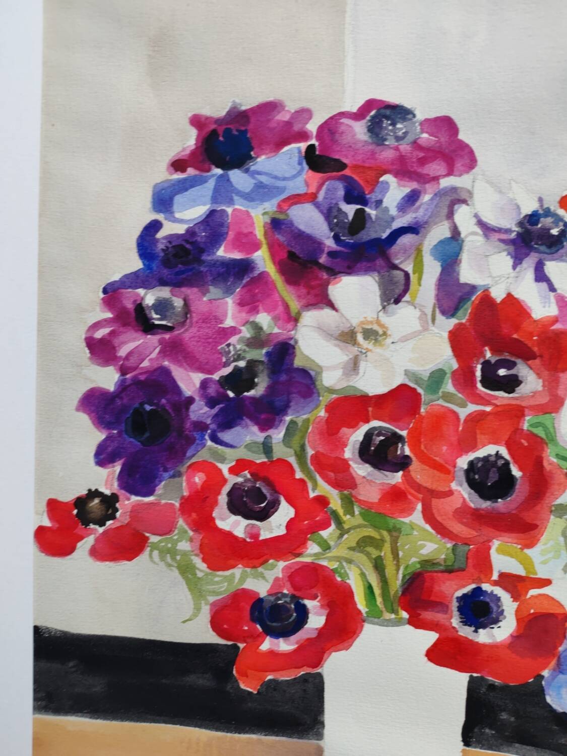 Watercolor by Michel Roubille, bouquet of flowers 1988.