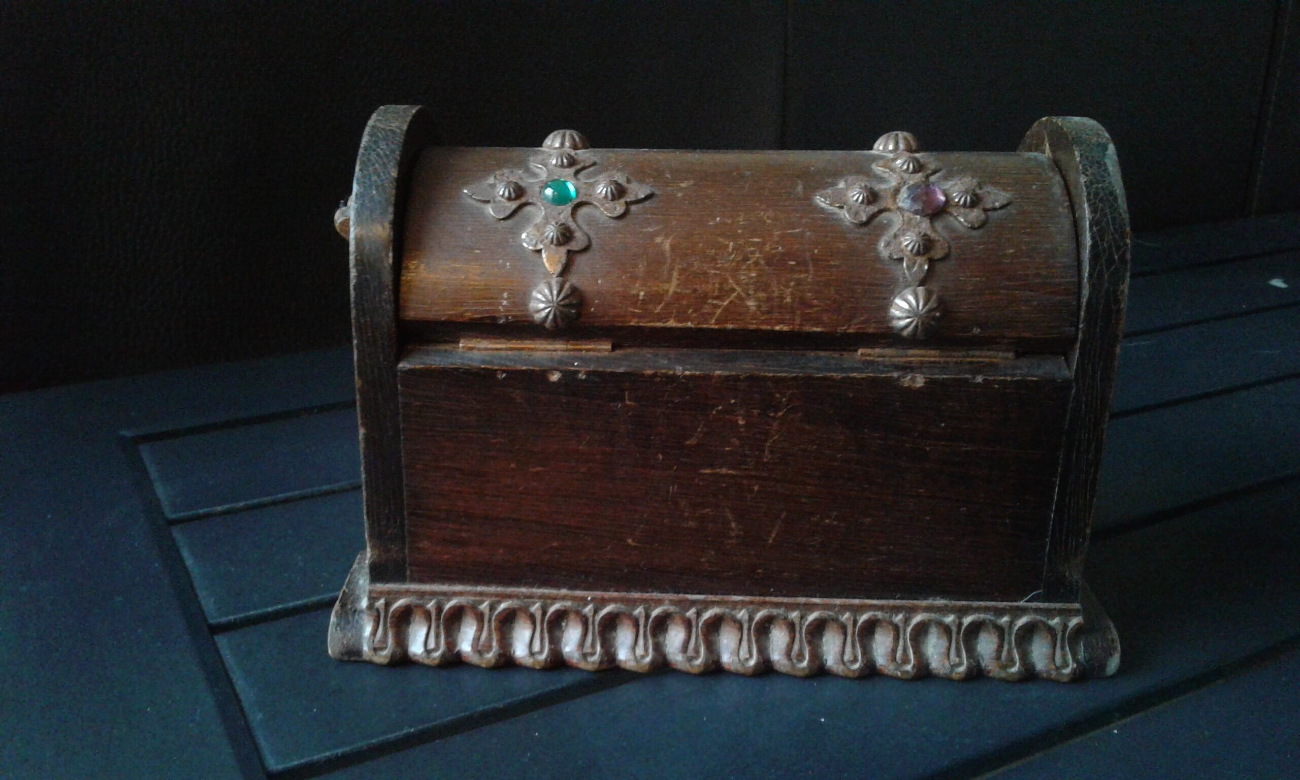 Wooden box, baroque style, wood and iron