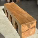 Solid monoxyl wood bench with carved 3-arch base - Natural wood color