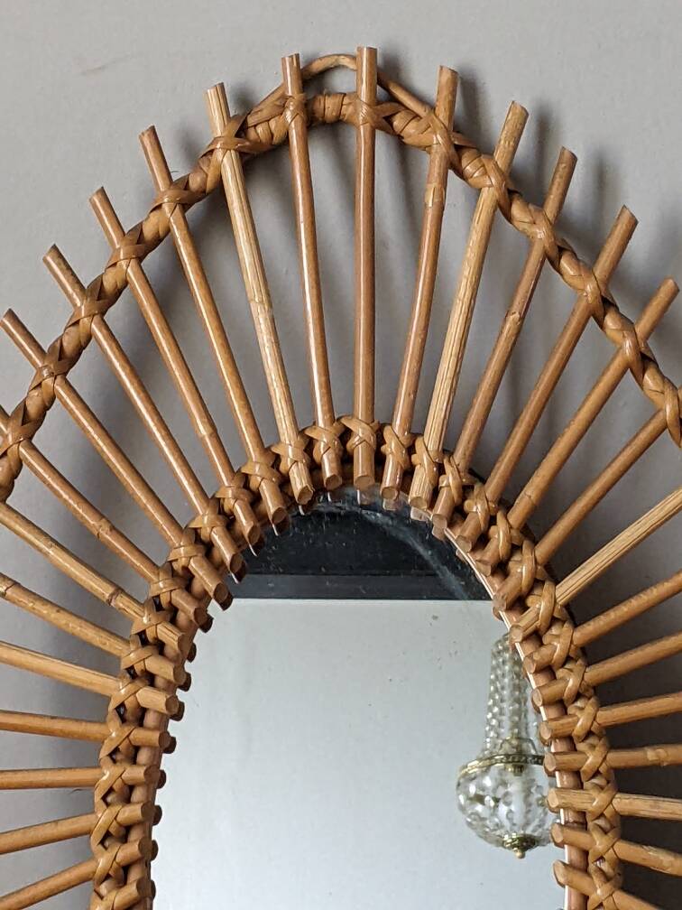 Asymmetrical vintage rattan wicker bamboo sun mirror Scandinavian craftsmanship