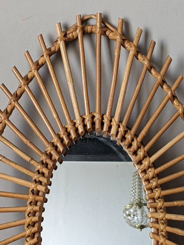 Miroir soleil asymétrique vintage rotin osier bambou artisanal scandinave