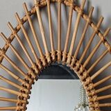 Asymmetrical vintage rattan wicker bamboo sun mirror Scandinavian craftsmanship