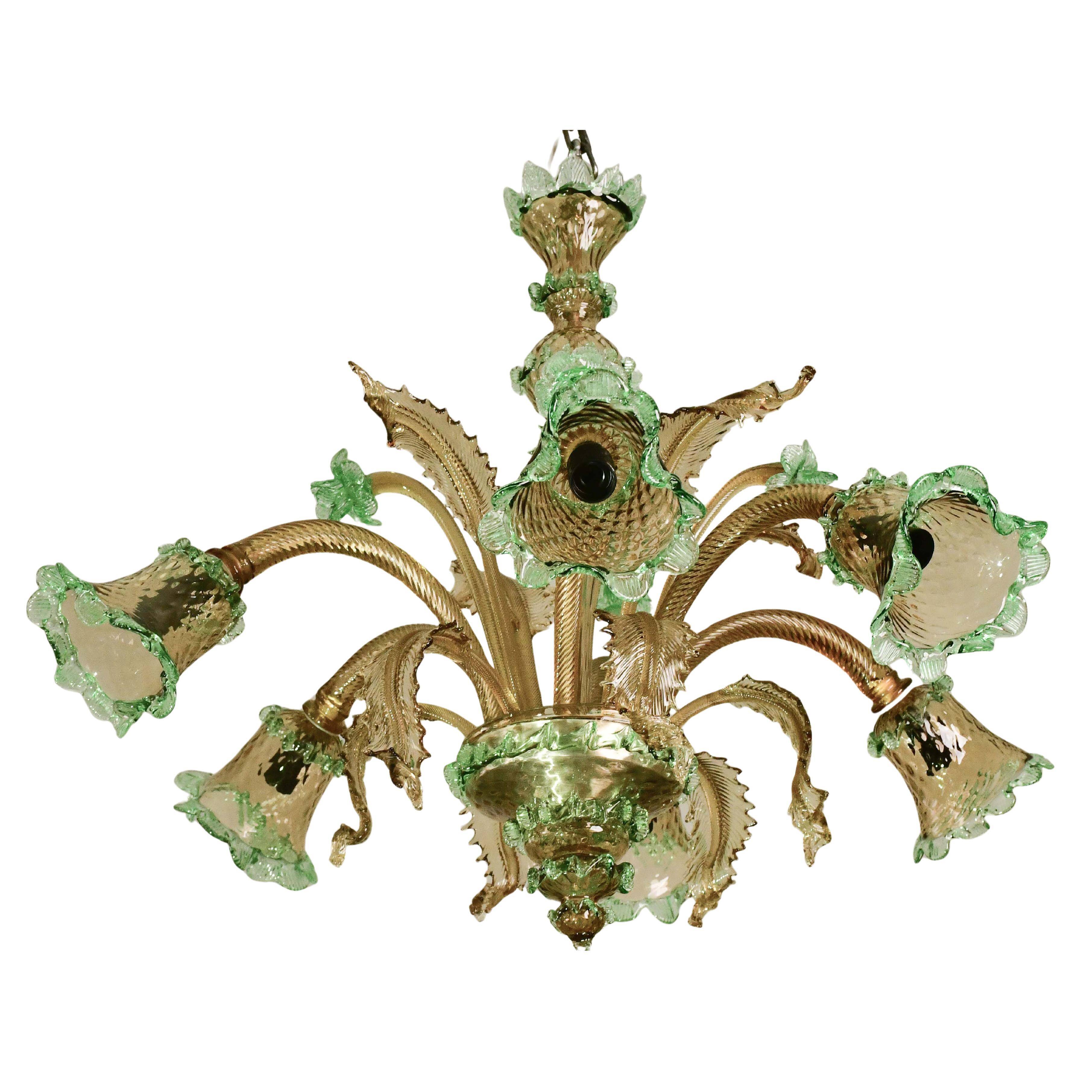 6 arms vintage Venetian chandelier, green Murano glass, 1950s