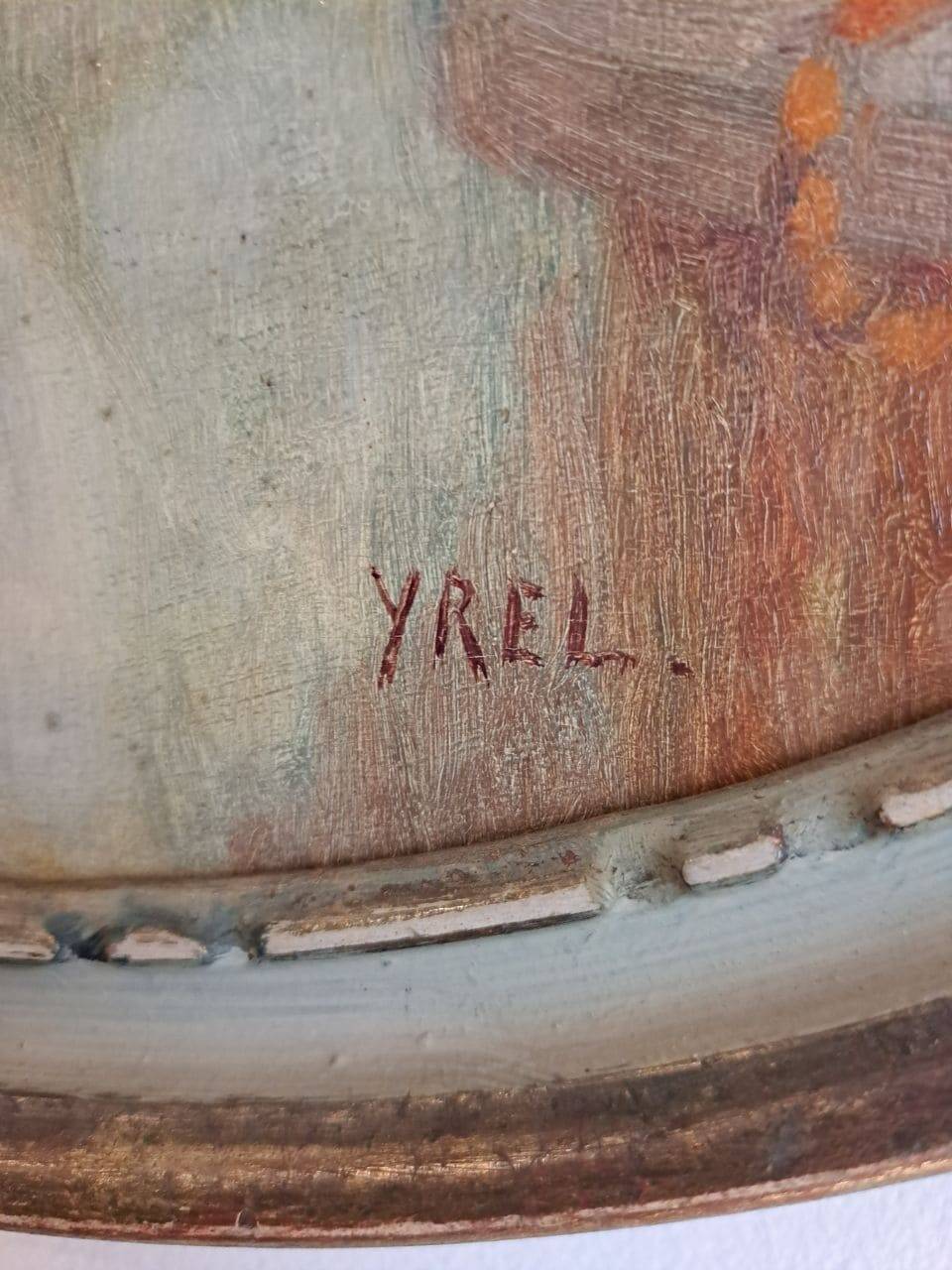 Ancient oval painting of a sleeping woman in oil on wood panel.