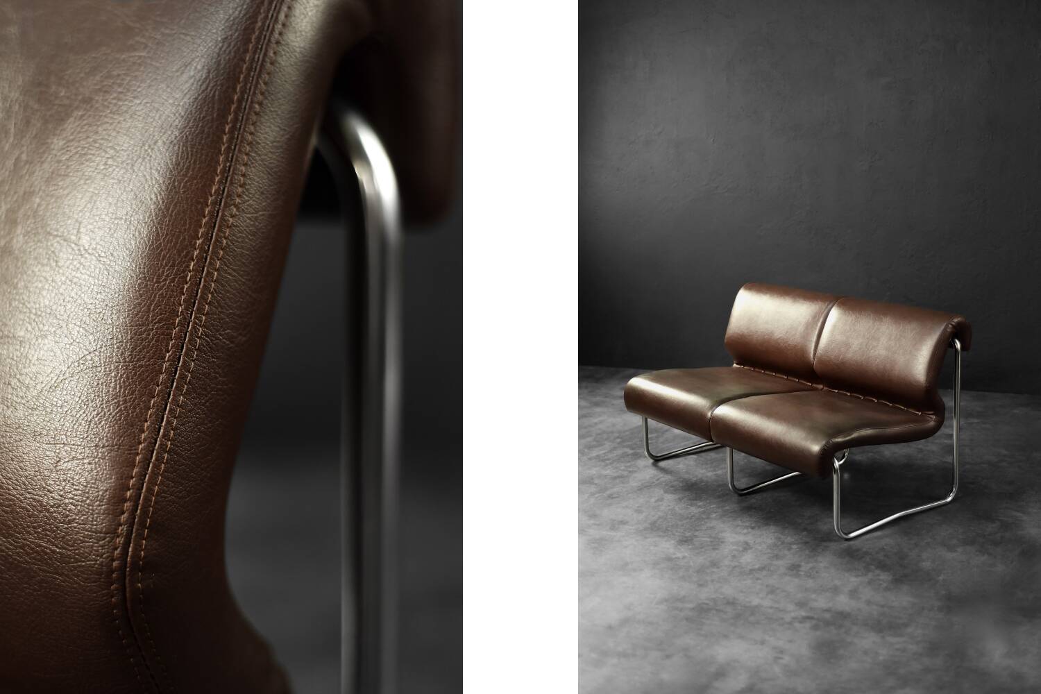 Two-seater canapé in steel and brown faux leather, Germany 1970.