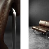 Two-seater canapé in steel and brown faux leather, Germany 1970.