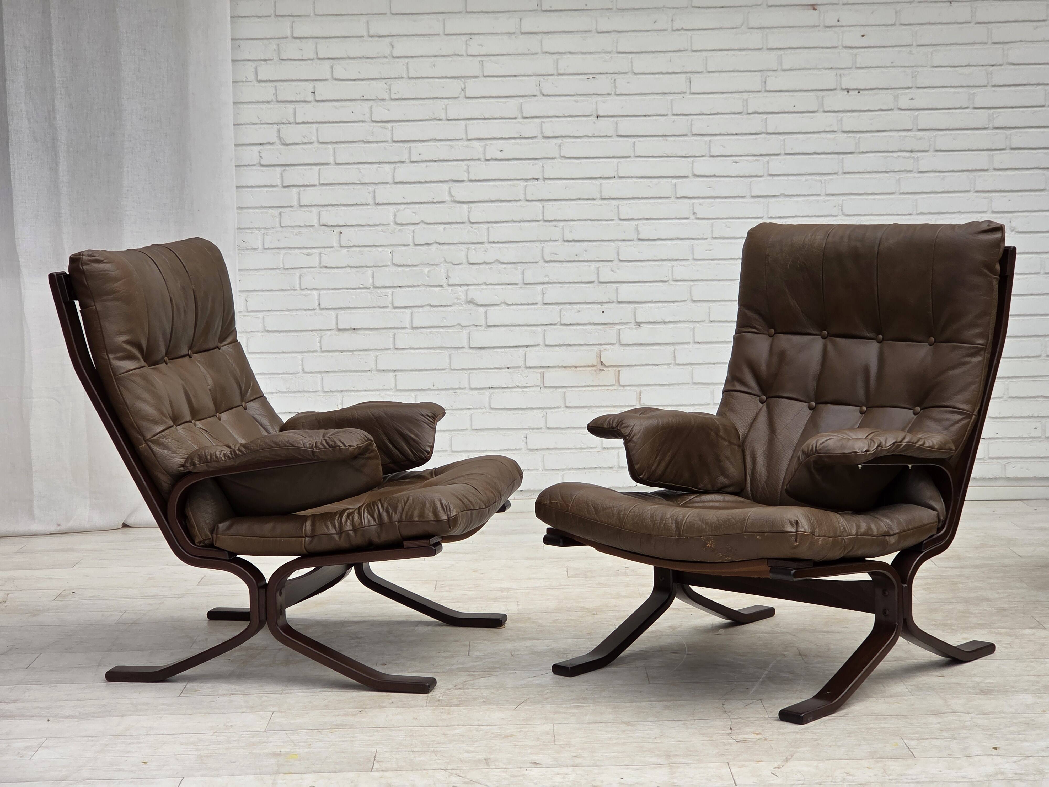 Fauteuil en cuir de meuble marron, années 1970, design scandinave,