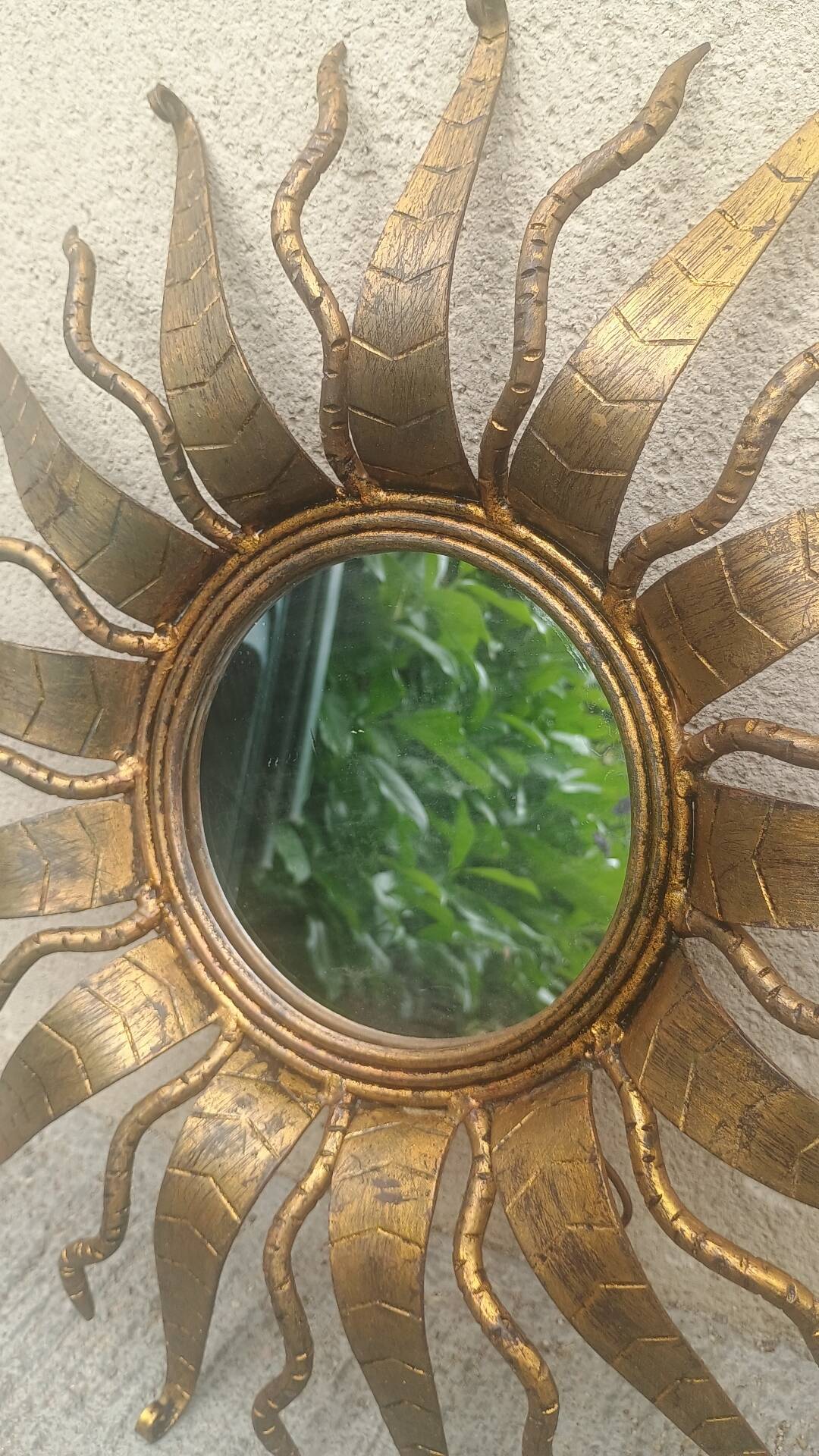 Wall mirror Sun in gilded wrought iron Spain 1950 Hollywood Regency Brutalist