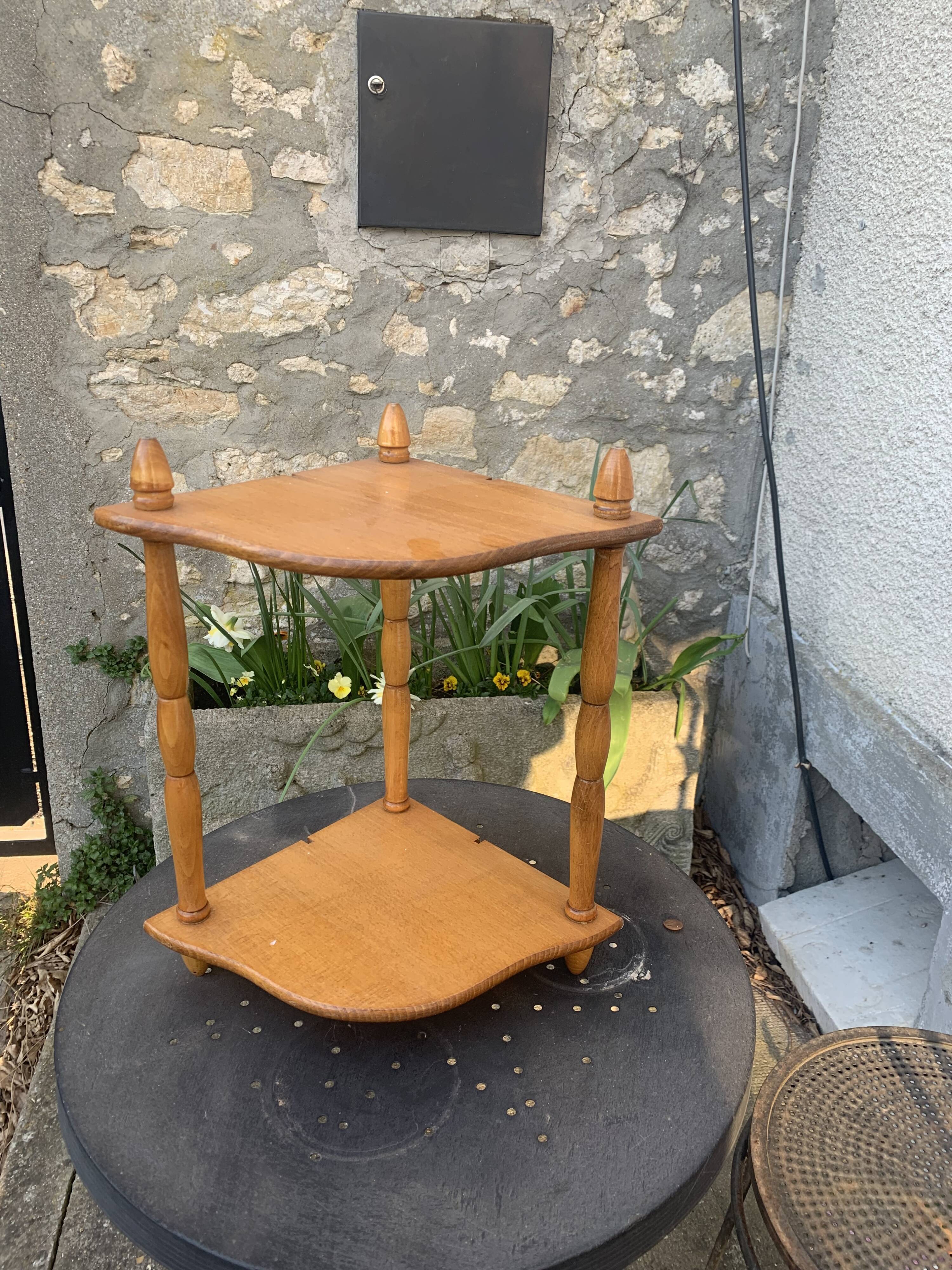 Wall shelf, 2 floors turned wood vintage light varnished