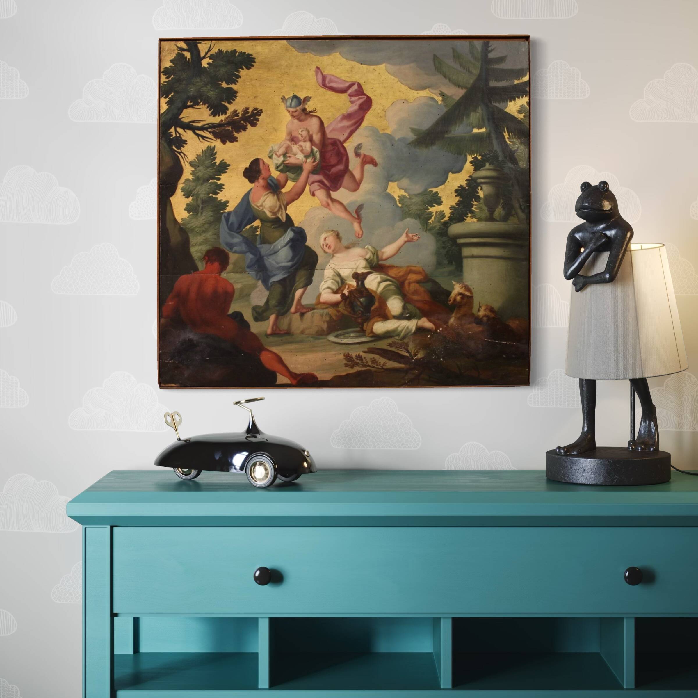 18th century Italian panel painting, Hermes entrusts Dionysus to the nymphs