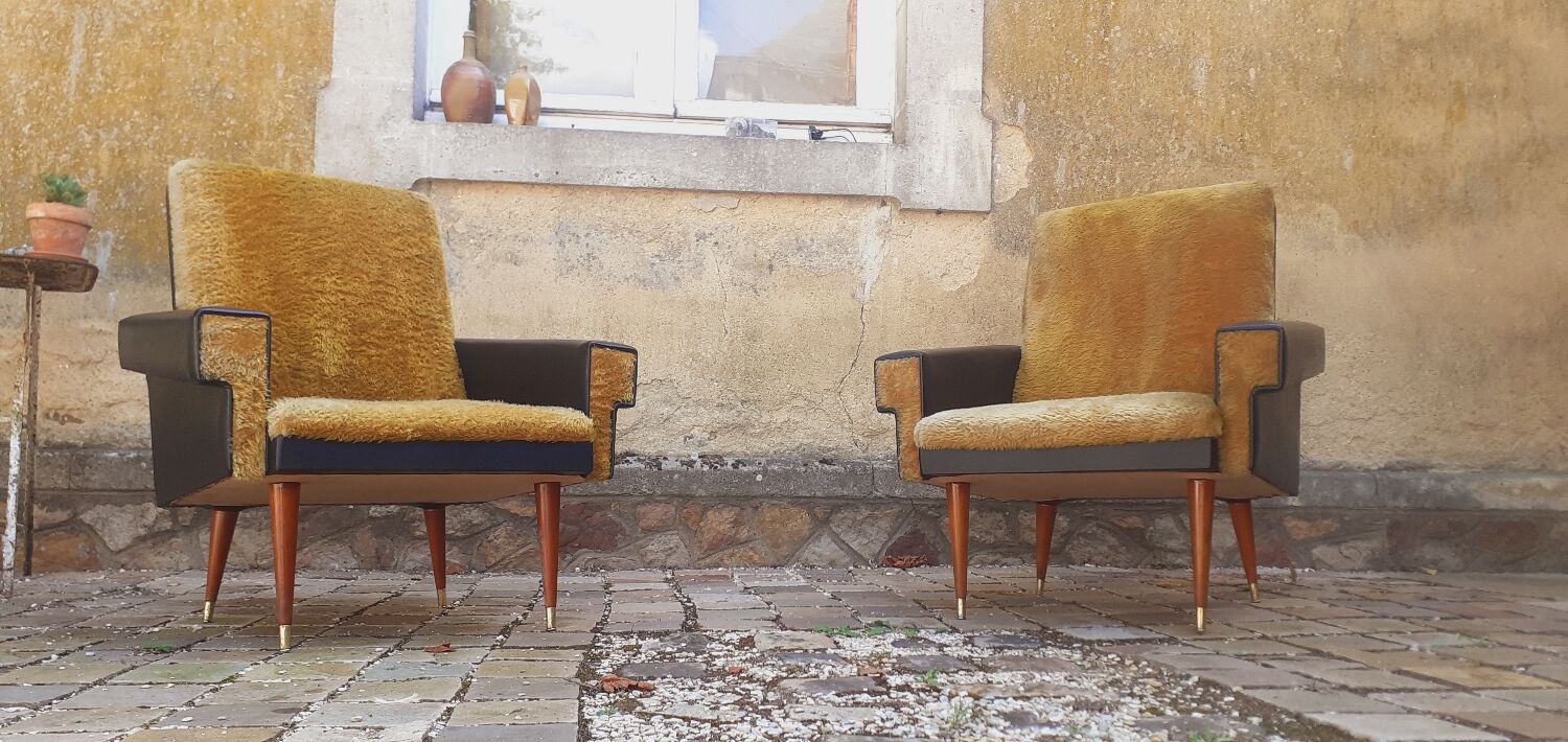 Pair of vintage 60s armchairs in black imitation leather and mustard toffee