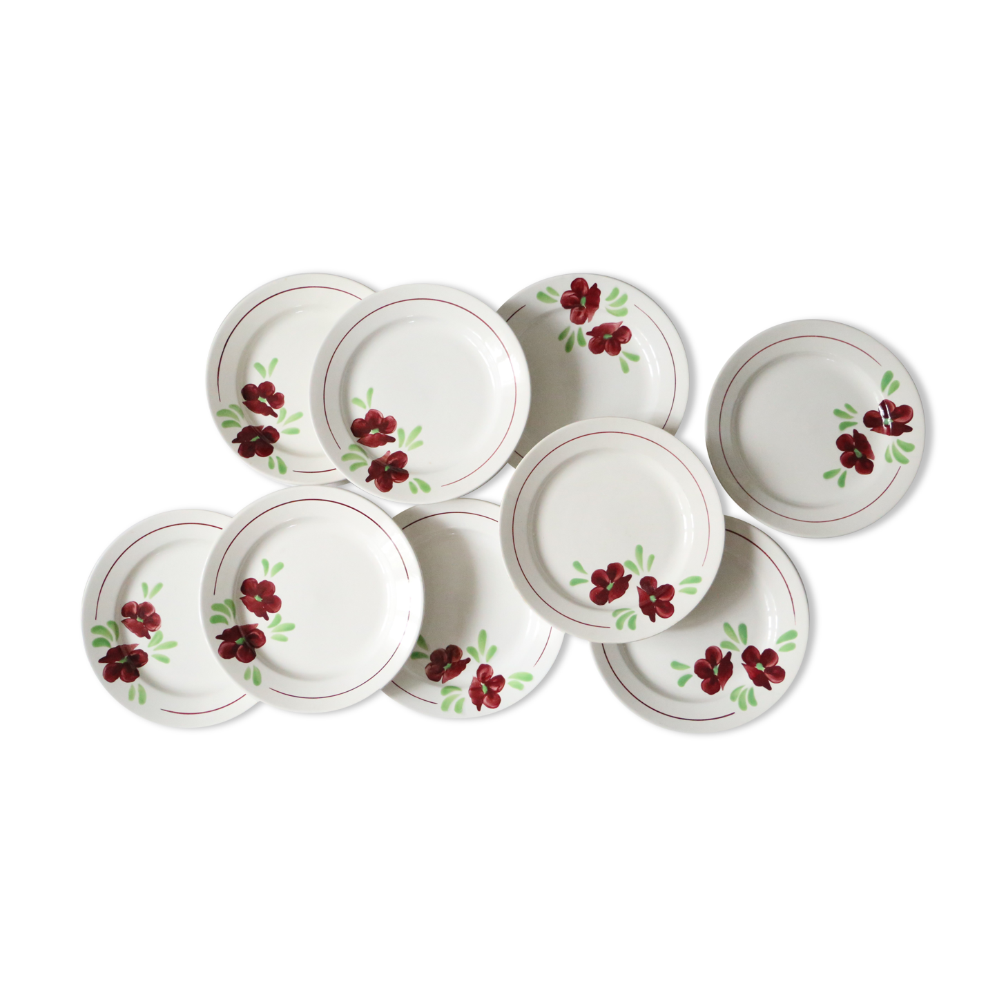 Set of 9 flat plates Salins, Ninon pattern, French vintage, authentic, rare, countryside