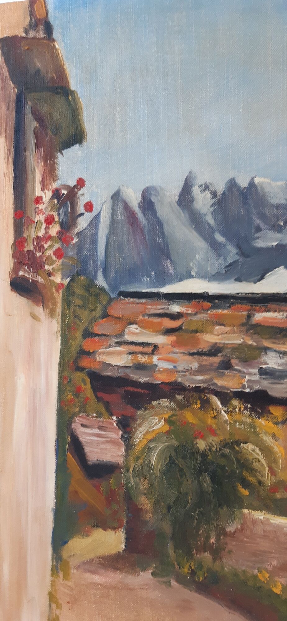 Oil on canvas painting and mountain landscape frame signed