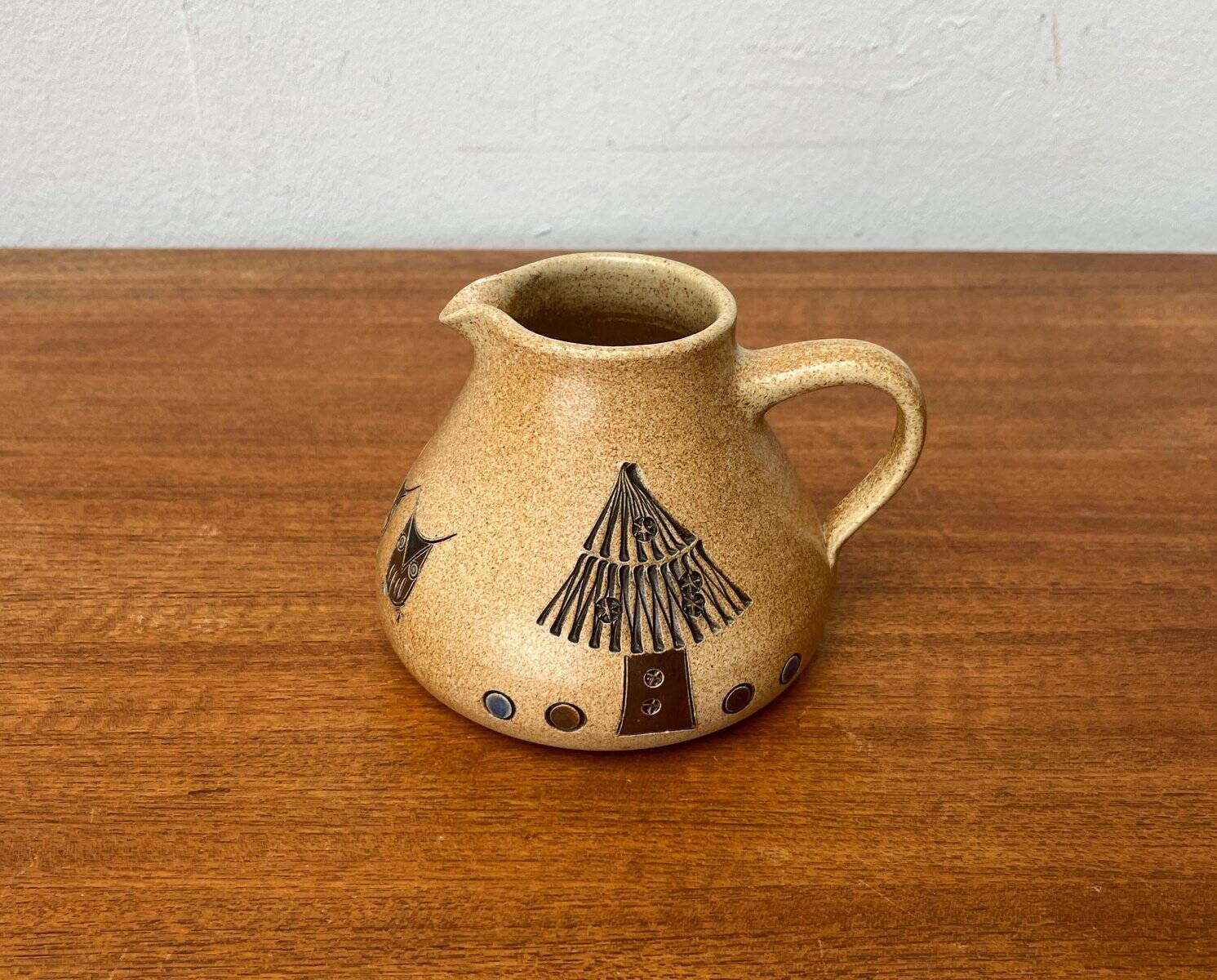 Mid-century German ceramic studio pitcher with owl motif by Heinz Theo Dietz, 1960s.
