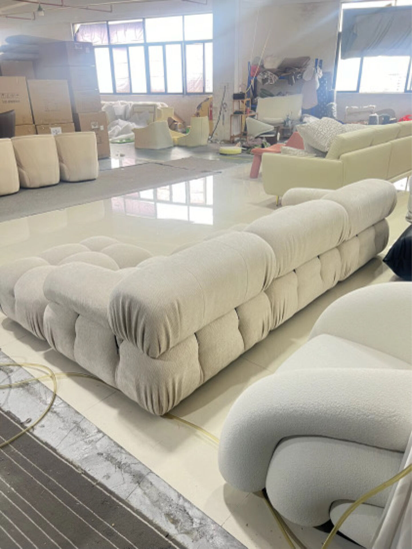 Modular XXL sofa for 5/6 people – Cloud Design – Cream Bouclé + Pouf