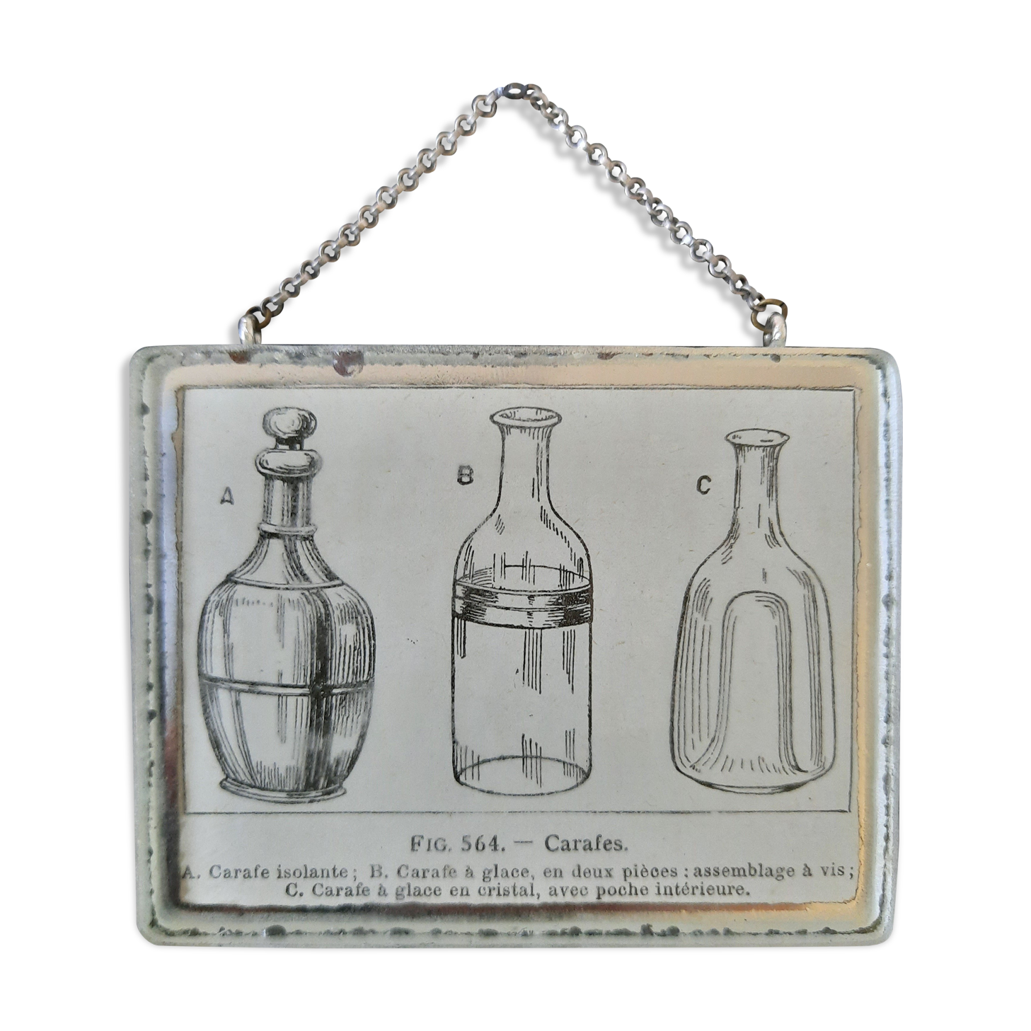 Old illustration "Carafes" inserted under mirror. Cabinet of Curiosity.
