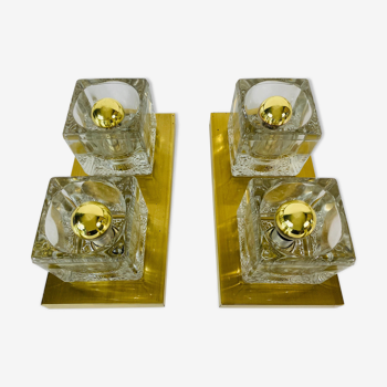Applique à cube en laiton et verre givré de Peill & Putzler 1970