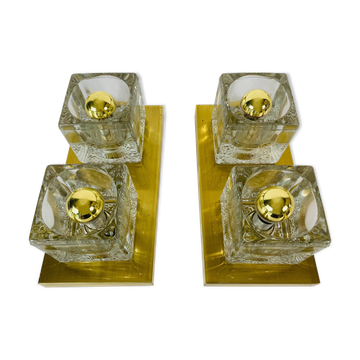 Brass and frosted glass cube wall lamp by Peill & Putzler 1970