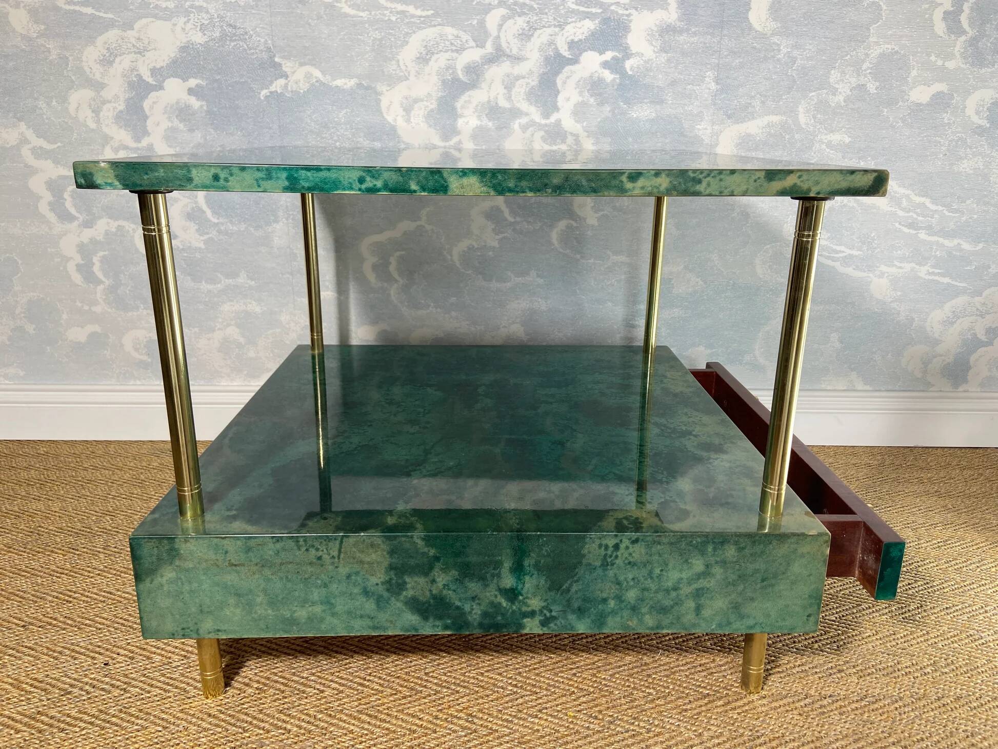 Aldo Tura side table in aqua green with brass legs and lower drawer.