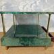 Aldo Tura side table in aqua green with brass legs and lower drawer.