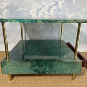Aldo Tura side table in aqua green with brass legs and lower drawer.