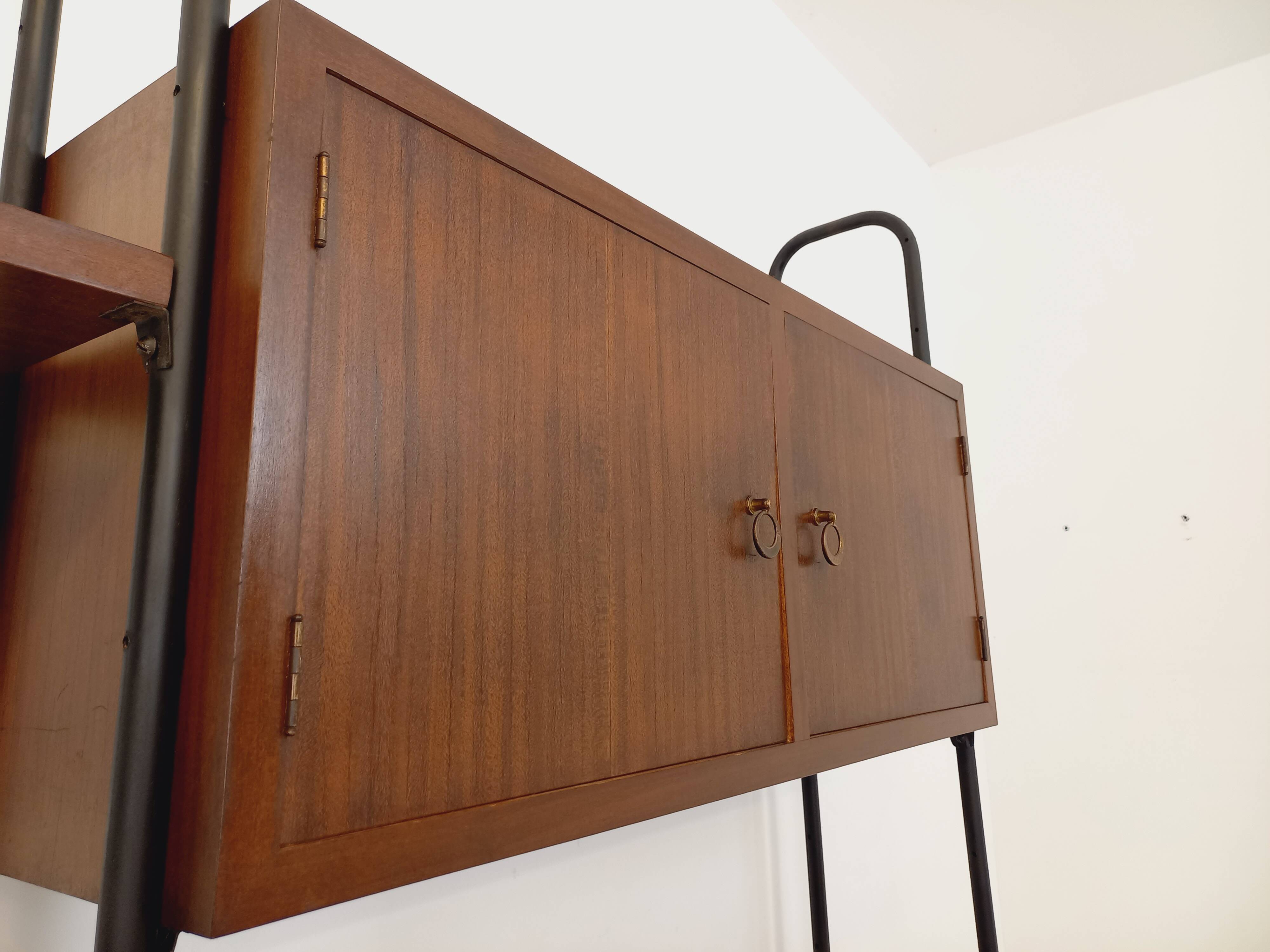 Vintage Italian double modular bookcase in wood and metal
