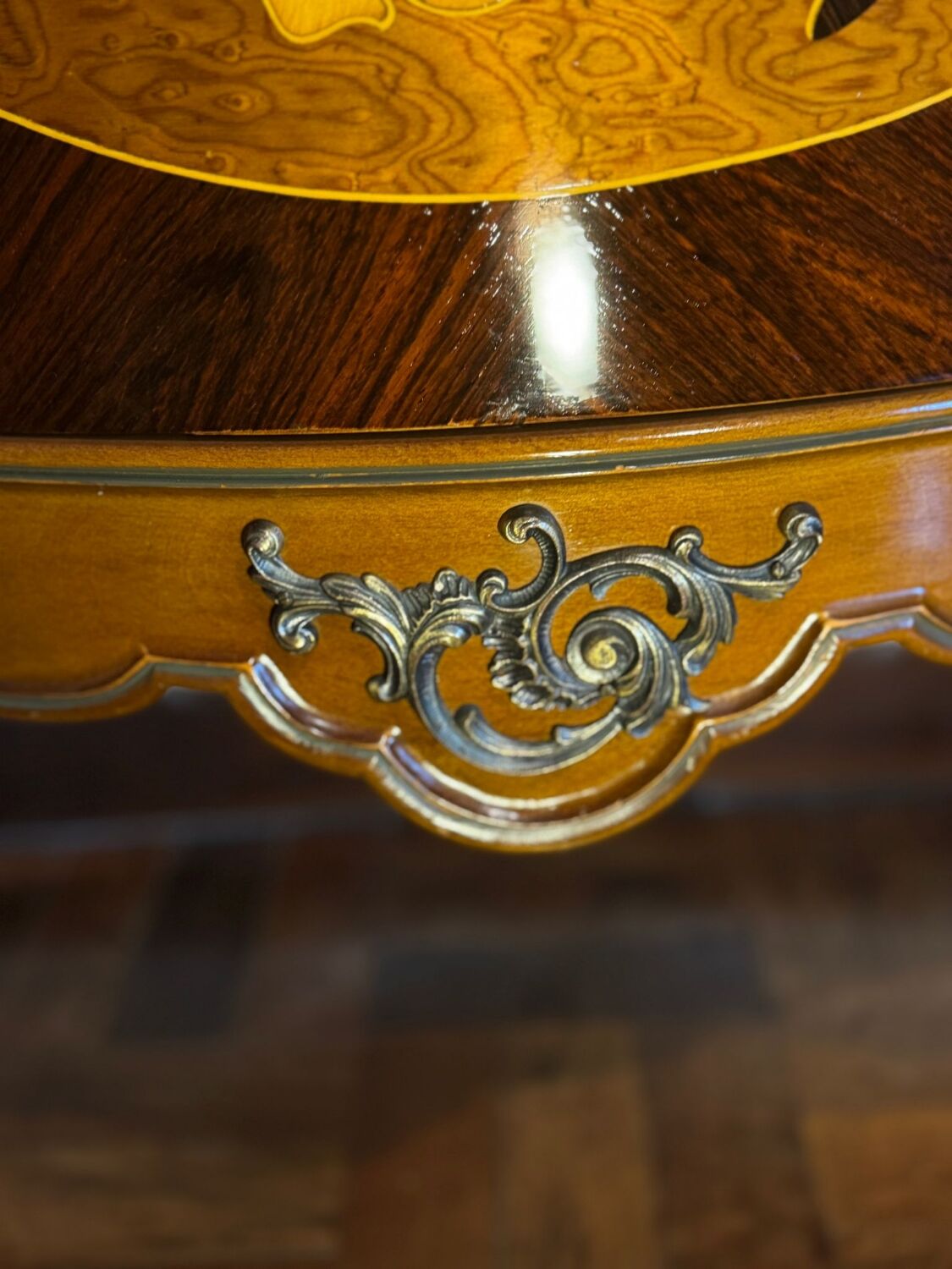 Exquisite Louis XV Style Bombé Commode with Musical Marquetry & Marble