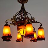 Gilded bronze and blown glass paste chandelier, Muller Frères, Art Deco