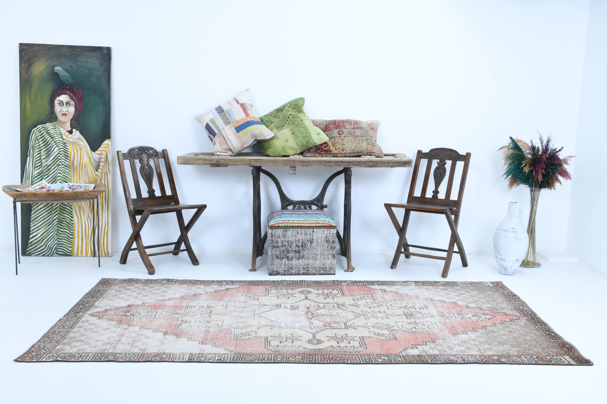 4x9 Shades Of Red & Yellow Handmade Wool Antique Turkish Rug, 129x267Cm