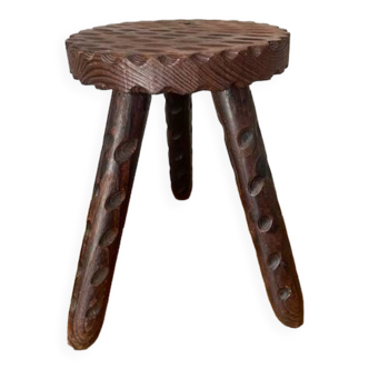 Brutalist carved tripod milking stool, 1950s