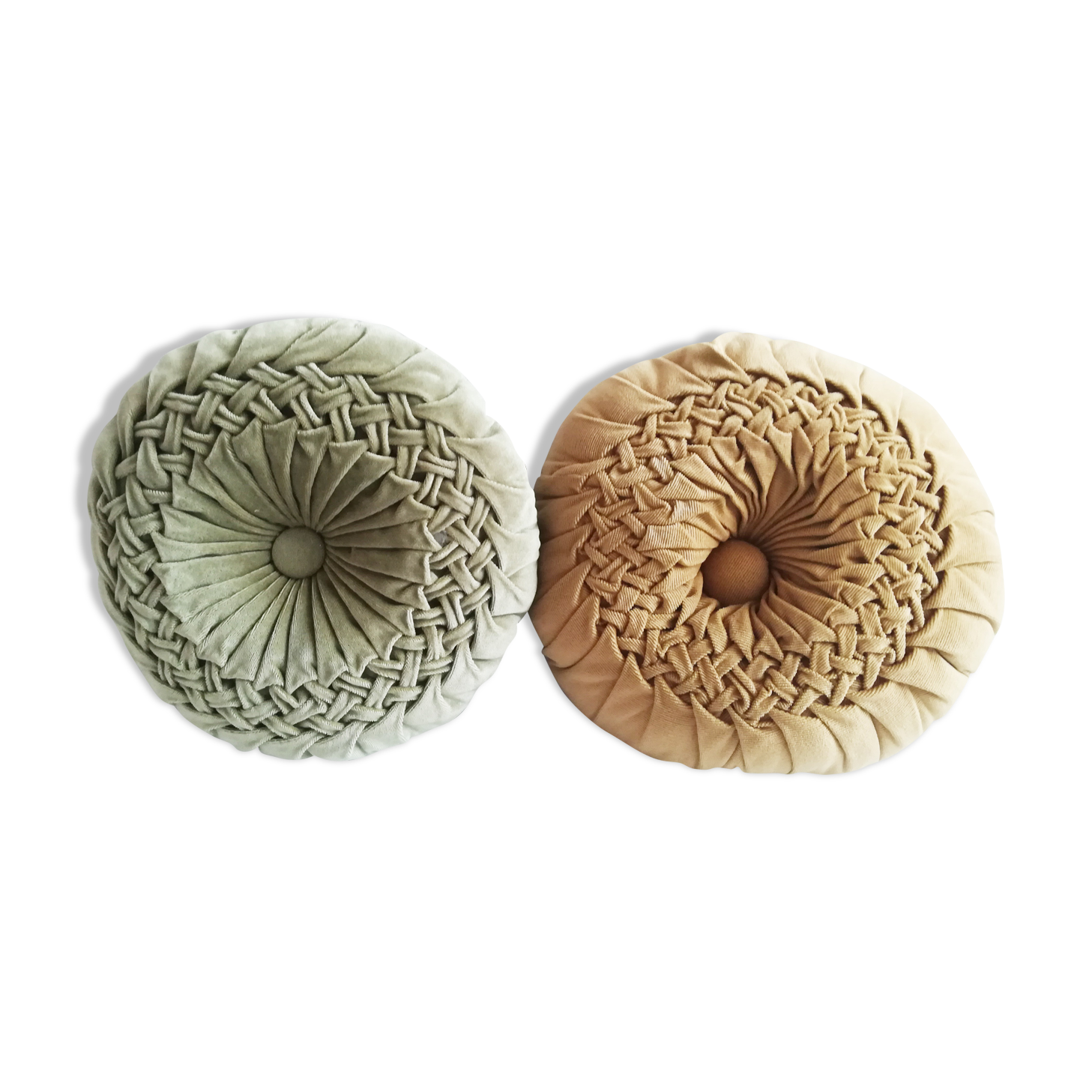 Pair of round pleated velvet cushions