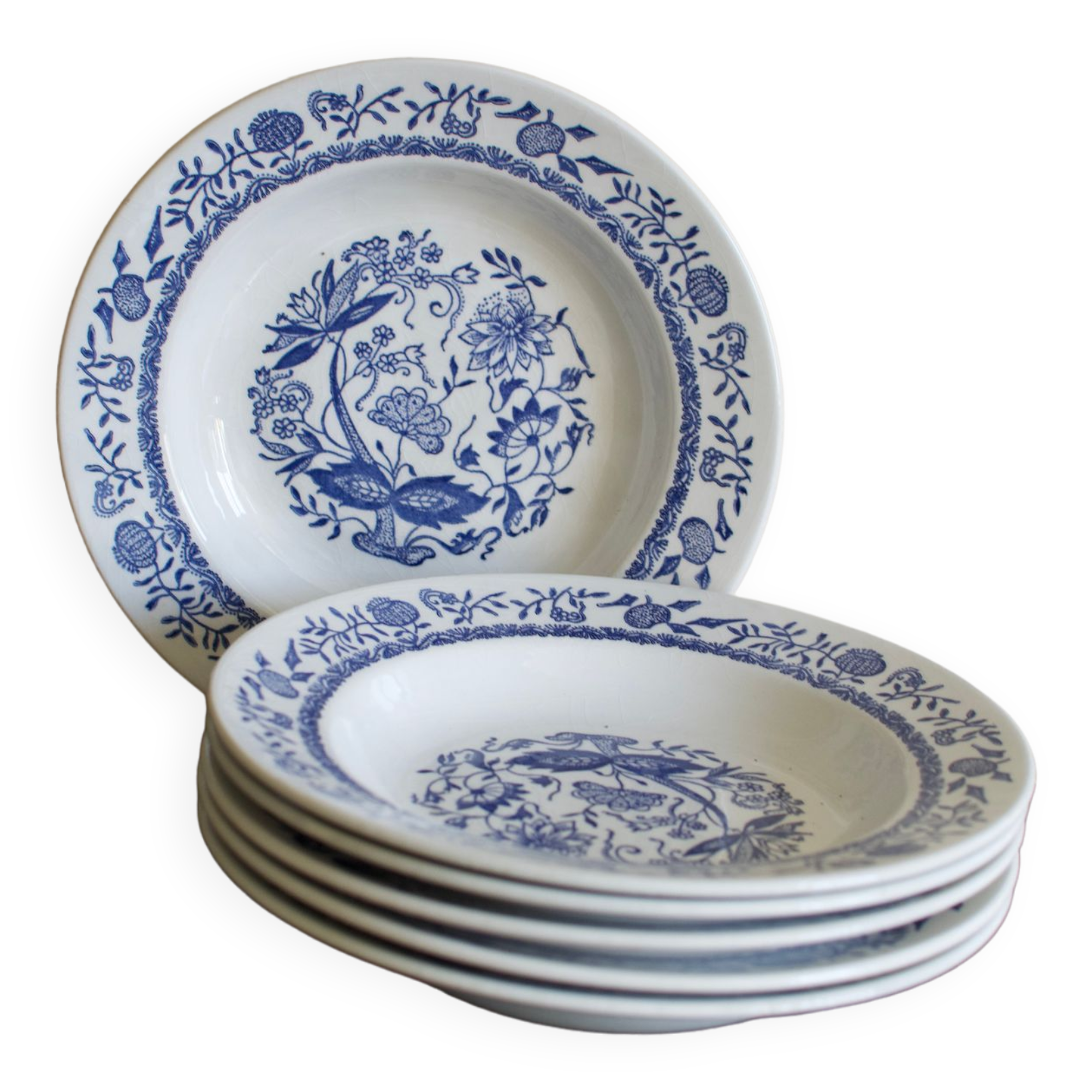 6 Assiettes creuses céramique blanche bleue