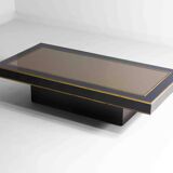 Table basse en bois laminé noir, plateau miroir et laiton, Italie années 1980