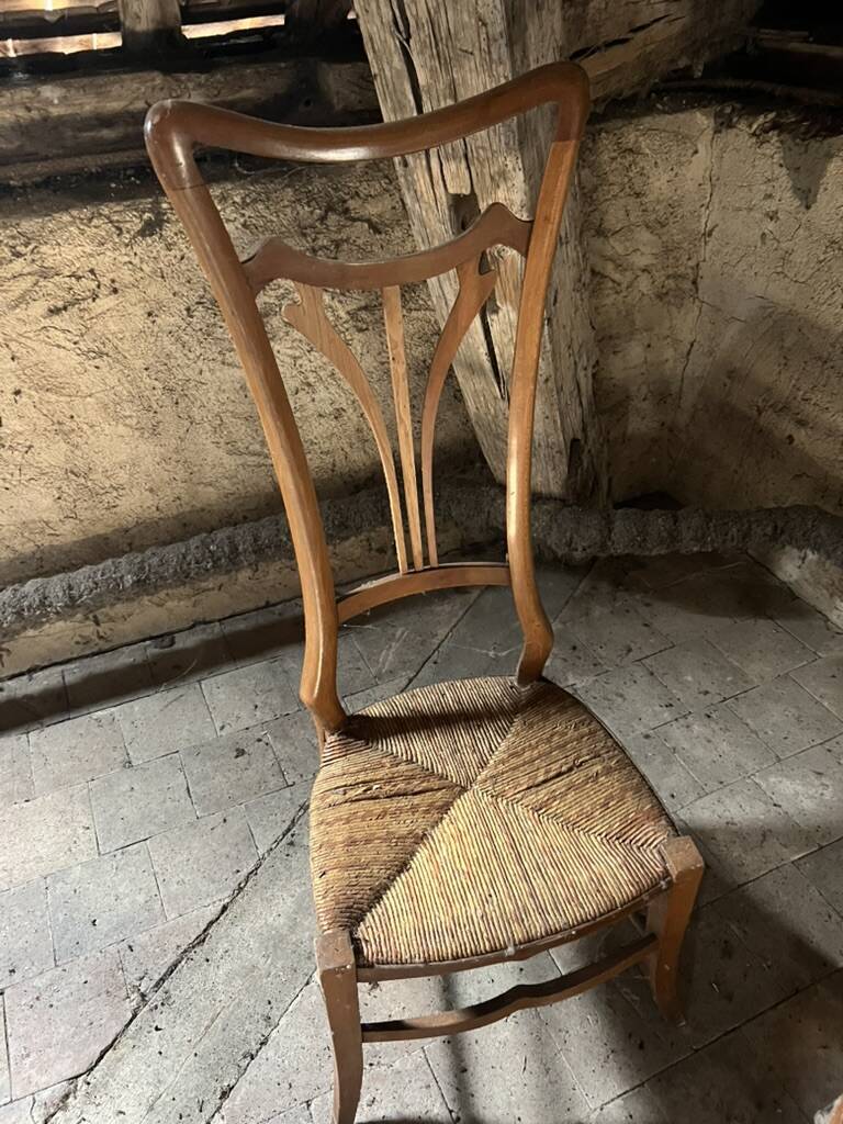 Pair of Vintage Art Nouveau Chairs in Light Wood and Woven Straw Seat